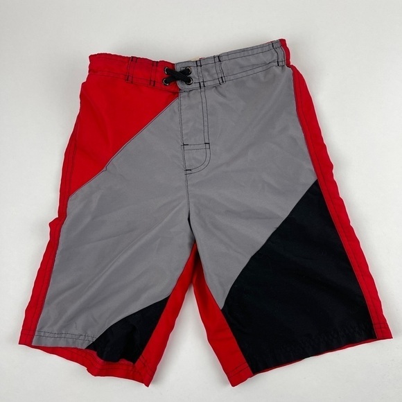 OP Swim Trunks Boys Medium 8 Red Gray Striped - Picture 1 of 9
